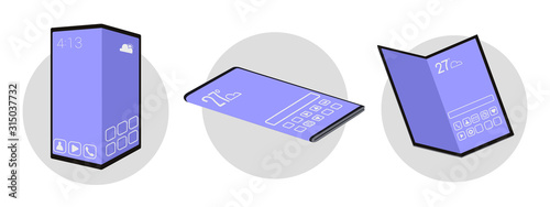 Foldable mobile phone flat vector illustration. A smartphone with the ability to bend the screen and make a phone out of the tablet. Folding screens, flexible display, modern technology concept
