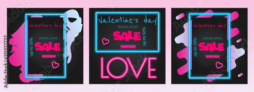 Valentine's Day is a proposal, a collection of neon-style banner templates. Set neon signs, posters for shop design, colorful banner, neon advertising, flyers, leaflets, brochures. Set discont banners