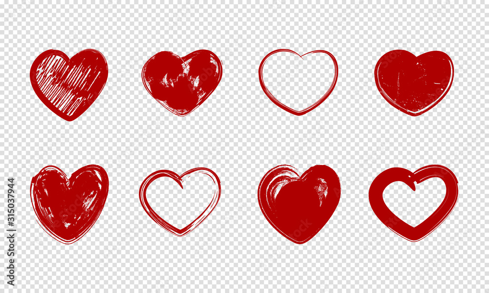 Set of hand drawn red grunge hearts, isolated on transparent background.