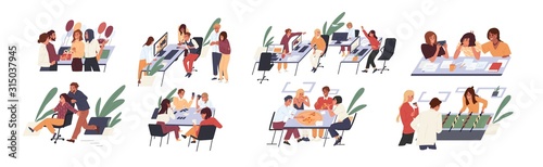 Team creative people having fun at office set vector flat illustration. Collection cartoon character rejoicing break at work isolated on white background. Happy corporate man and woman playing games.
