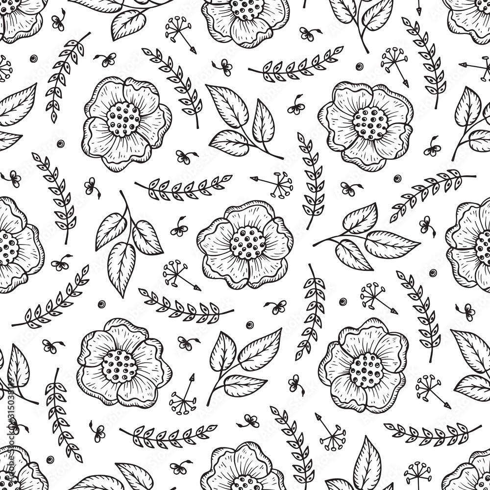 Obraz premium Vector Vintage Floral Background. Flowers Seamless Pattern. Hand Drawn Flowers, Leaves, Sprigs, Seeds