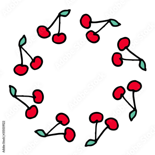 Vector oval frame with doodle candies. Sweet are hand drawn with black stroke. Cherry, cakes, bakery. Isolated on white background. Copy space.