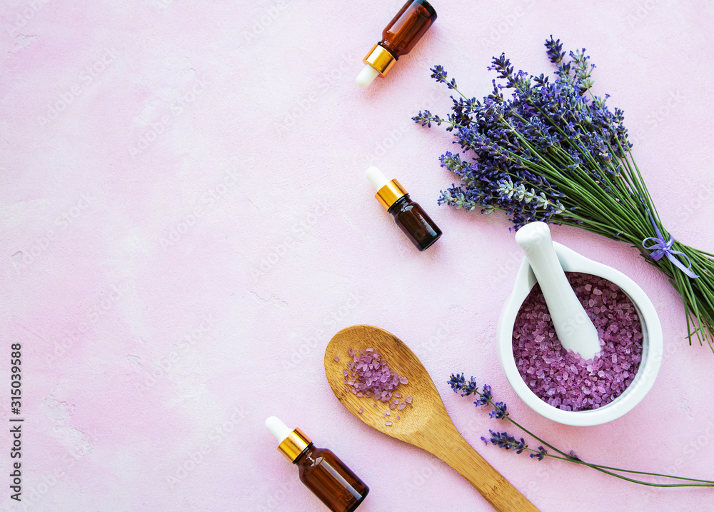 flat lay composition with lavender flowers and natural cosmetic - obrazy, fototapety, plakaty 