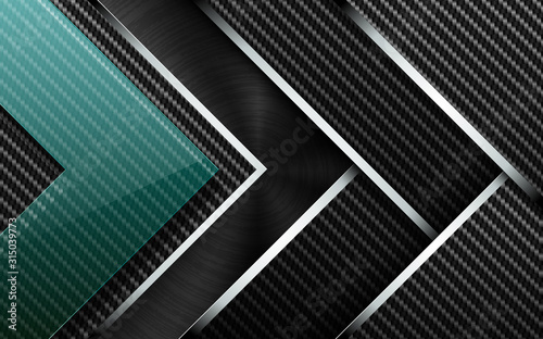 Vector tech background. Stack of carbon fiber material layer with chrome stripe edge. Black brushed metal and green glass arrow shape industrial wallpaper