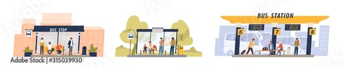 Cartoon people at bus station set vector flat illustration. Collection of suburban, city, transport station for intercity and international journey. Travel characters at stop with various transfers