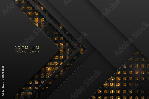Vector abstract black layered background with golden halftone effect. Glitter dotted sparkles shine texture. Dark laminate material arrow shape