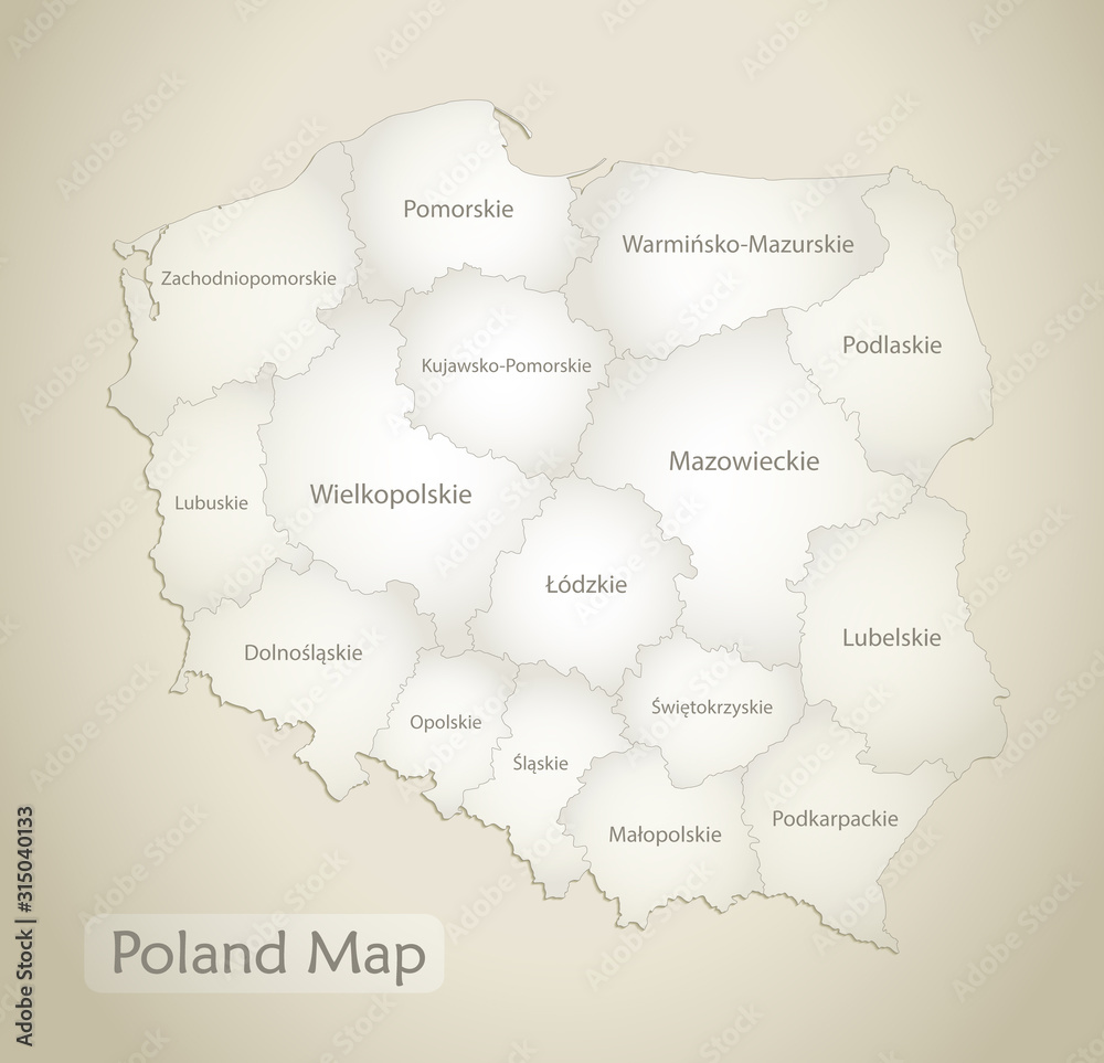 Poland map, administrative division with names, old paper background vector