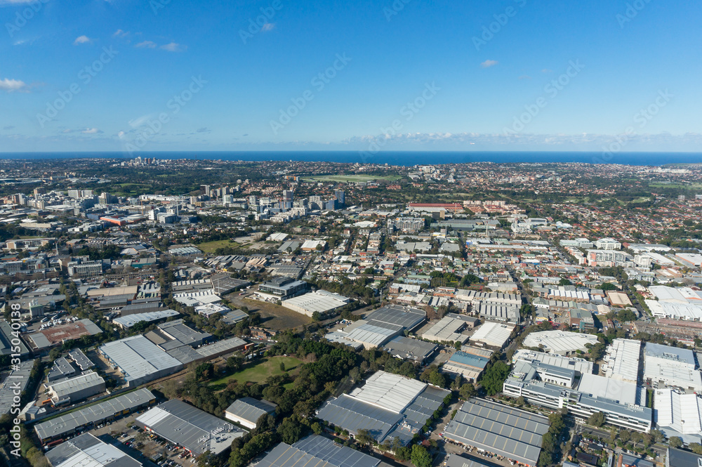 Sydney cityscape aerial view. Sydney suburbs from above