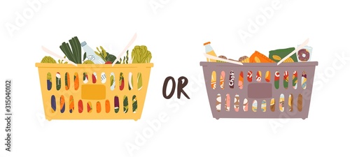 Two large grocery nutrition baskets vector flat illustration