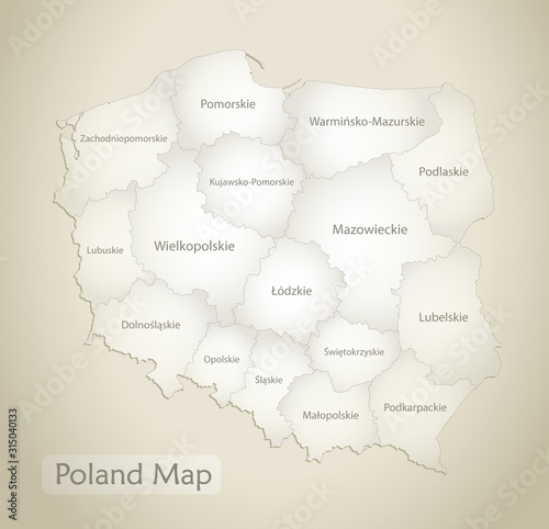 Poland map, administrative division with names, old paper background vector