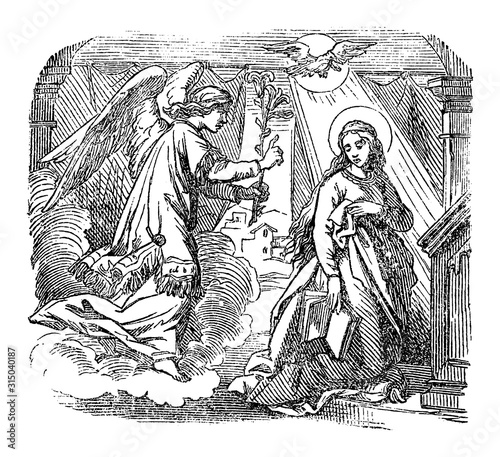 Vintage drawing or engraving of biblical story of angel Gabriel speaking to virgin Mary about immaculate conception and birth of Jesus.Bible, New Testament,Luke 1. Biblische Geschichte , Germany 1859.