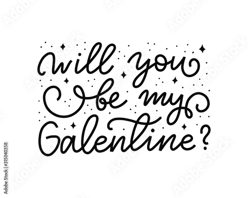 Will you be my Galentine vector hand lettering isolated on white background. Calligraphy for greeting cards, prints, etc. to celebrate Galentine's day and female friendship.