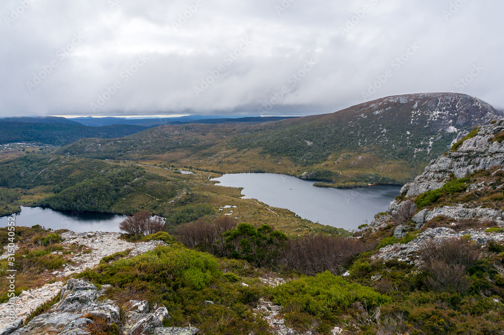 Winter mountain landscape with lake. Hiking in Cradle mountain in Tasmania