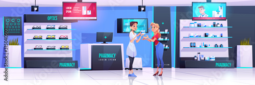 Pharmacist serves client in pharmacy. Vector drugstore and optics shop interior with medical products and glasses on shelves, digital display advertising of pills. Apothecary gives drug to customer
