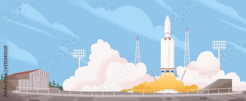 Spaceship start cartoon vector illustration. Heavy rocket carrier taking off, launching satellite or international station on Earth orbit. Space exploration and modern technology concept.