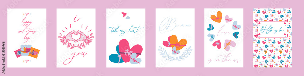 Set of Happy Valentine's Day cards with gift or present boxes in shape of hearts. Greeting cards and invitatation design for valentine and wedding. I love you. Be mine. Flat. Vector illustration.