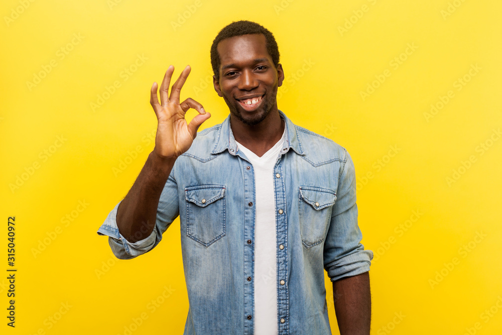 Everything is fine! Portrait of satisfied handsome man in denim shirt with rolled up sleeves smiling and showing approval, ok gesture, agree with suggestion. studio shot isolated on yellow background Everything is fine! Portrait of satisfied handsome man in denim shirt with rolled up sleeves smiling and showing approval, ok gesture, agree with suggestion. studio shot isolated on yellow background