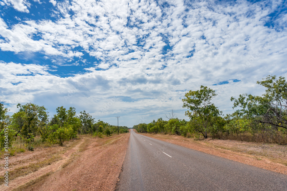 Long straight two lane road in Australian outback with trees on roadside