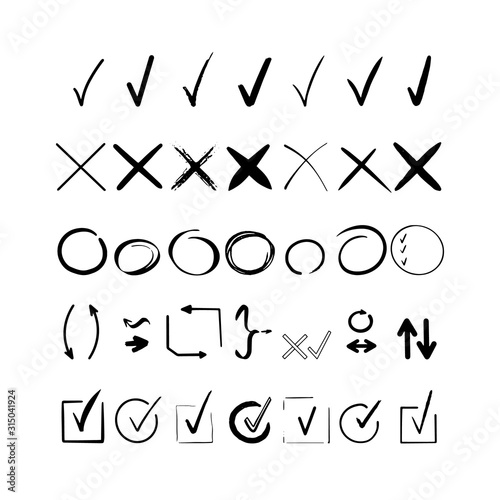 Check mark. Hand drawn black tick V X yes no ok sign. Checkbox chalk icon, sketch checkmark. Graphic design doodle element list item choice. Vote checklist arrow set illustration. Speech bubble symbol
