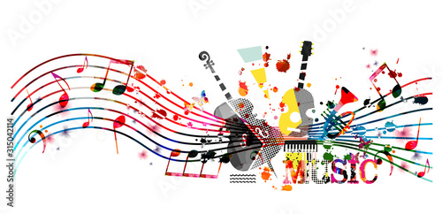 Colorful music promotional poster with music instruments and notes isolated vector illustration. Artistic abstract background for music show, live concert events, party flyer design template