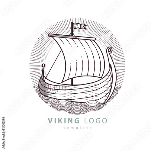 Linear Scandinavian ship logo. Vector nautical logo isolated on white. Elegant logotype with viking boat. 