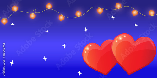 Happy Valentines day card. Two red hearts on blue gradient background with white border, garland. Love, romantic concept. Vector image for advertising, web banner, printing.