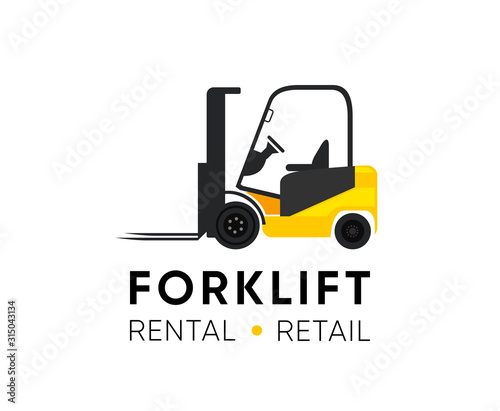 Forklift Logo illustration for Retail Shop, Rental or Repair equipment. Classic Yellow machine vector illustration with Title and Tagline isolated on white.