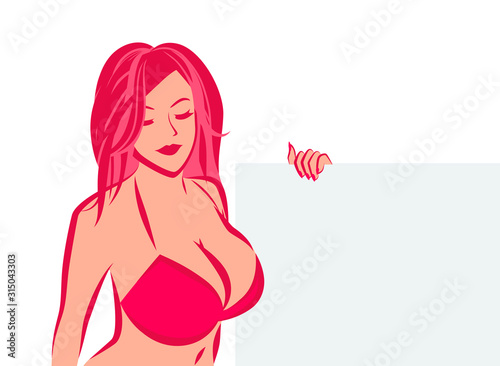 Girl with Big Breast in Brassiere holding Placard with copy space - Vector illustration for lingerie Store, Sex Shop or Medical centers for Breast Augmentation and Plastic Surgery.