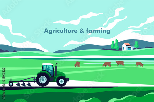Agriculture industry, farming and animal husbandry concept. Rural landscape with copy space for text. Vector illustration.