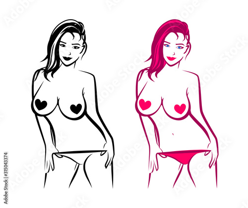 Bare Sexy Girl in black and pink color, Contour Erotic illustration for Sex Shop and Adult Websites.