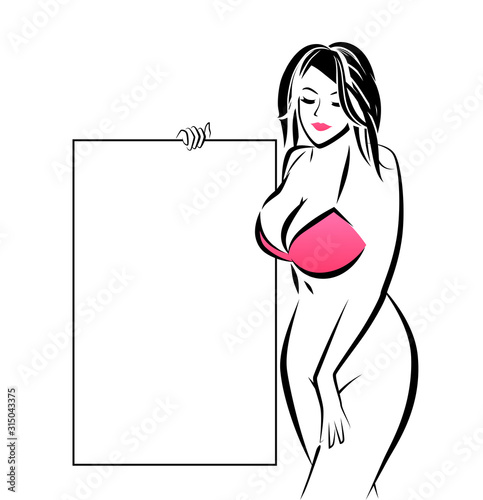 Sexy girl in pink Bra keeping placard with Space for Copy. Vector erotic illustration for Lingerie Store or Sex Shop.