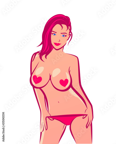 Sexy Nude Girl with bare Big Boobs. Beautiful standing Woman in Vector Illustration for Sex Shops, and Websites with Adult content.