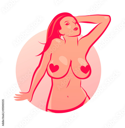 Nude Girl with Big Boobs in Round Emblem. Vector Sticker Illustration with naked Woman in circle on white background for Sex Shops, and Websites with Adult content.