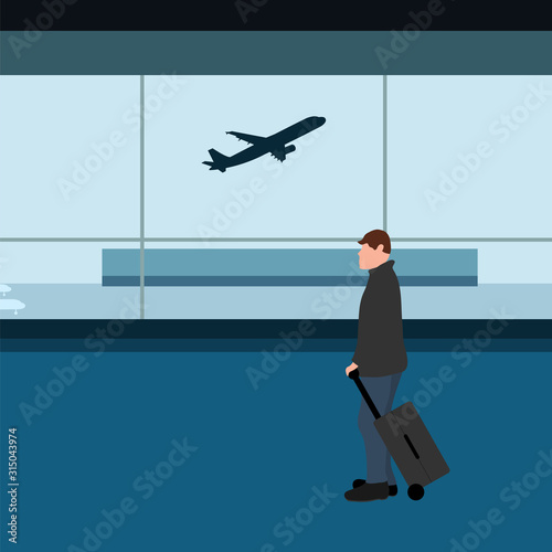 Male tourist with a suitcase at the airport waiting for the plane. Cartoon flat design, vector illustration