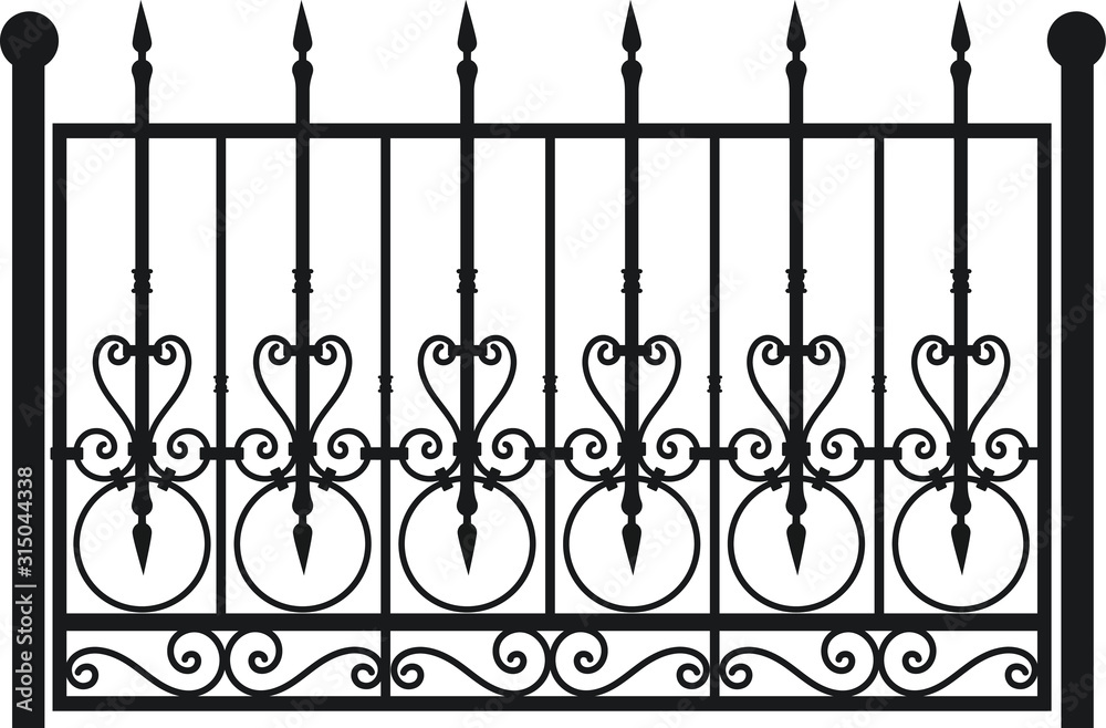 Steel railing panels that include balls, flowers, leaves and rosettes. Aluminum handrail, vector construction. Use these decorative iron cross bars to create a unique window guard or balcony railing. 