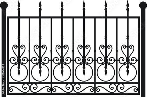 Steel railing panels that include balls, flowers, leaves and rosettes. Aluminum handrail, vector construction. Use these decorative iron cross bars to create a unique window guard or balcony railing. 