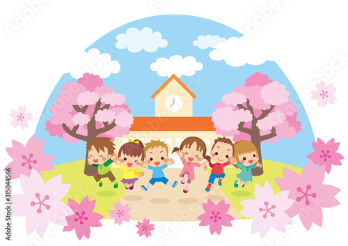 桜舞う春の日に幼稚園の前でジャンプする元気な子供たち【ドーム型】 © ぽこたぽこ