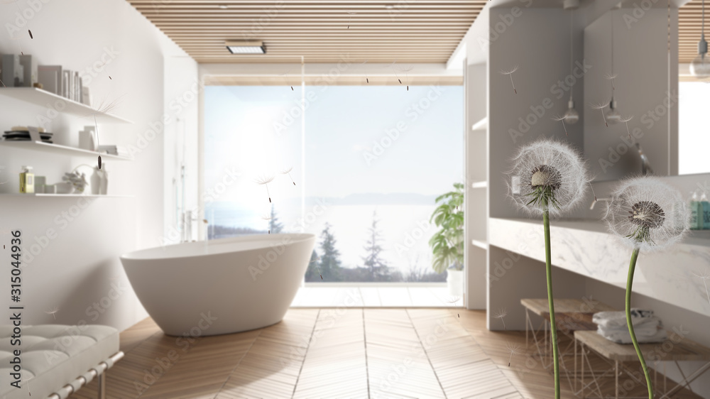 Fluffy airy dandelion with blowing seeds spores over modern bathroom with freestanding bathtub and panoramic window. Interior design idea. Change, growth, movement and freedom concept Fluffy airy dandelion with blowing seeds spores over modern bathroom with freestanding bathtub and panoramic window. Interior design idea. Change, growth, movement and freedom concept