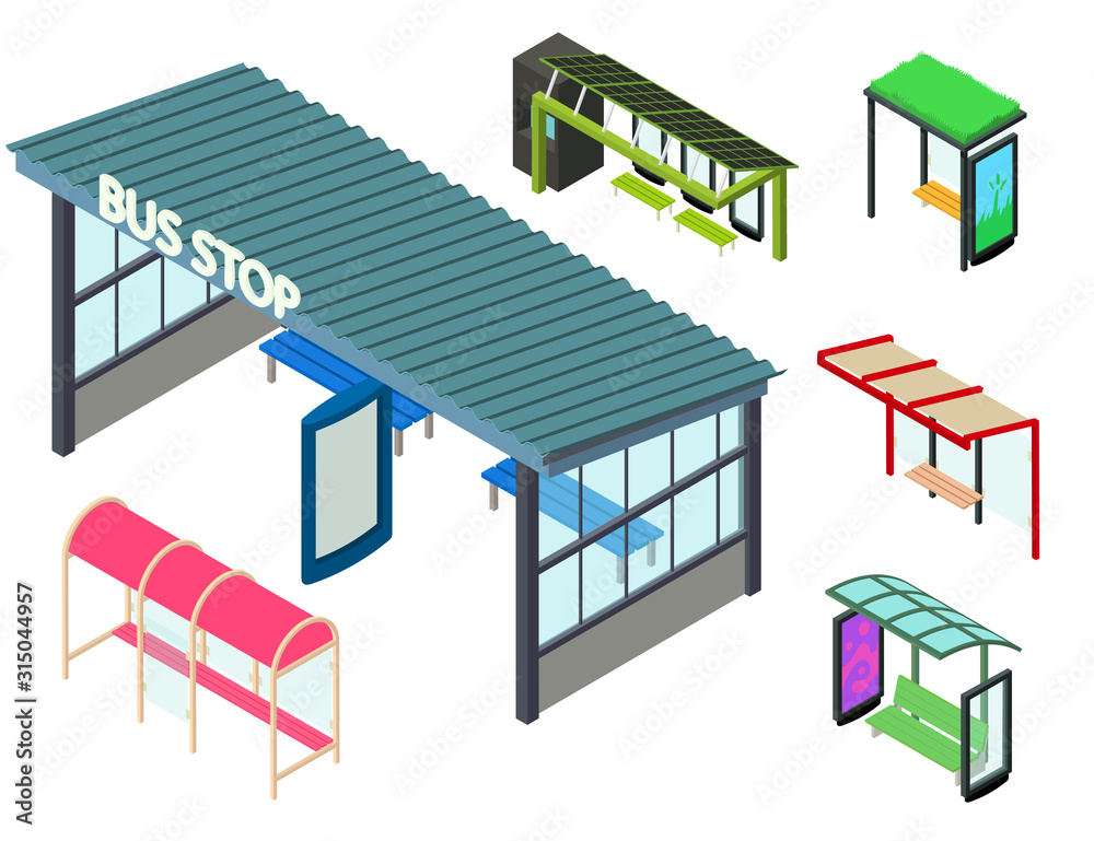 Bus stop icons set. Isometric set of bus stop vector icons for web design isolated on white background