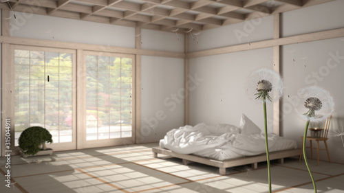 Fluffy airy dandelion with blowing seeds spores over zen bedroom with wooden bed, tatami, futon and large window. Interior design idea. Change, growth, movement and freedom concept photo