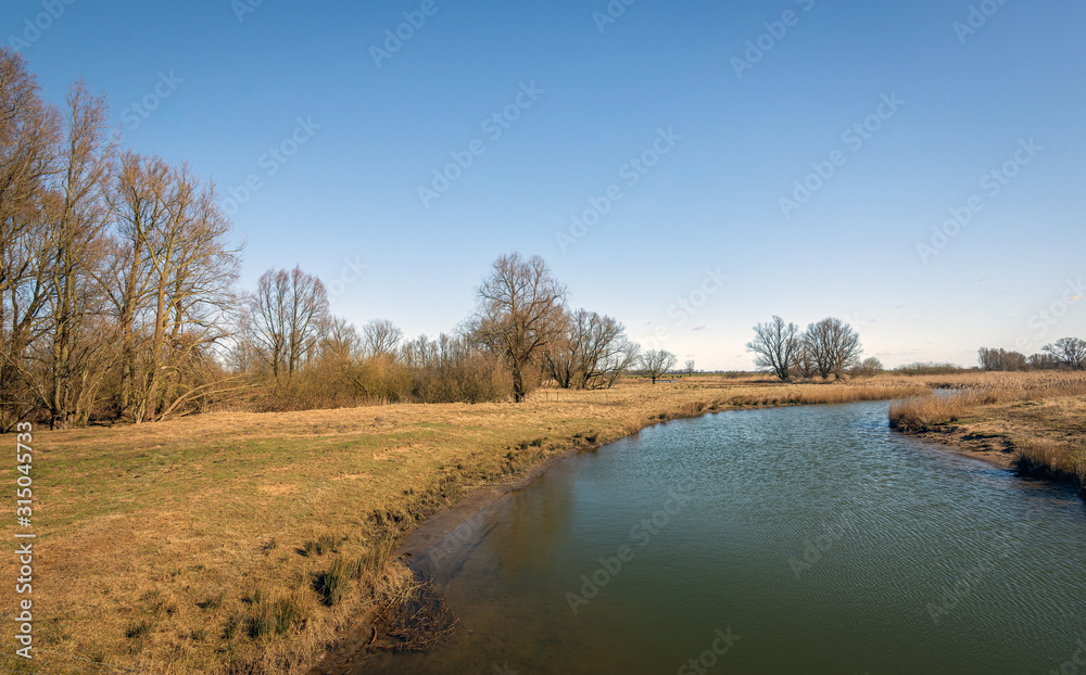 Creek meanders through the Dutch National Park Biesbosch. The bright blue sky reflects in the rippled water surface. It is at the end of the winter season. Creek meanders through the Dutch National Park Biesbosch. The bright blue sky reflects in the rippled water surface. It is at the end of the winter season.