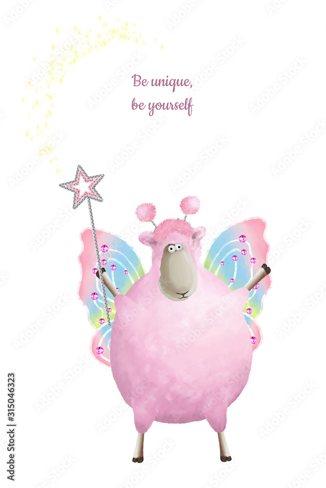 Cute little pink sheep with wings and magic wand. Greeting card template, invitations, scrapbooking graphics white isolated Cute little pink sheep with wings and magic wand. Greeting card template, invitations, scrapbooking graphics white isolated