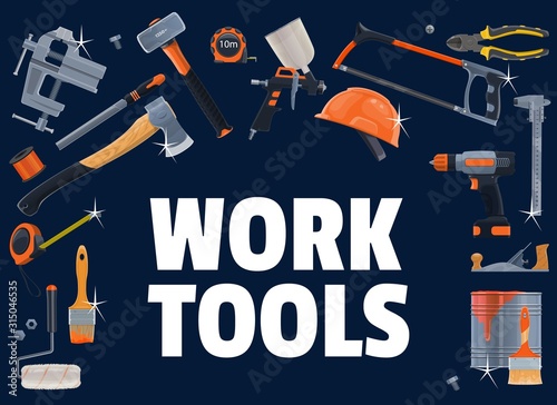 Construction tools. Vector carpentry, DIY, building industry equipment. Electric drill, hammer and screwdriver, saw and plastering tool, ax, vise, planer and paint brush, pliers and hardhat, grinder