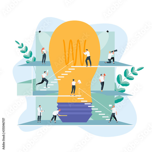 Business people group working around a lamp. Idea concept vector illustration