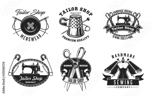 Tailor shop and sewing vector icons. Sewing machine and thread, needle and button, thimble, scissors and pin, mannequin, fabric. Handmade tailoring and clothing isolated vector symbols with text