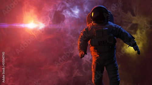 astronaut in nebula close to a binary star system
