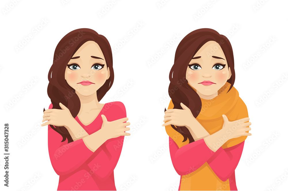 Sad beautiful woman hugs herself, feels cold and chills. Isolated vector illustration. Sad beautiful woman hugs herself, feels cold and chills. Isolated vector illustration.