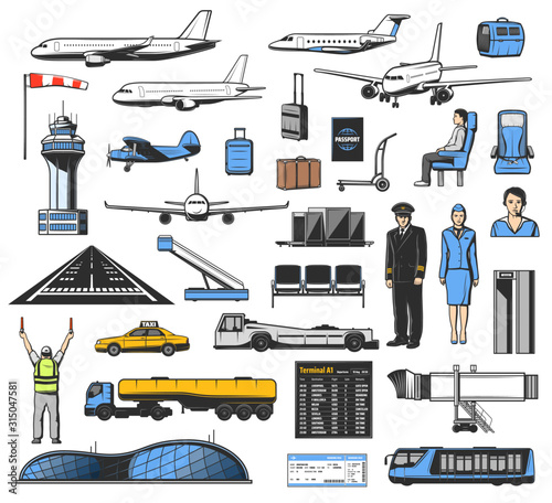 Airport and airplane icons, aviation vector design. Planes, passenger and flight ticket, luggage, passport and security control gate, scanner, departure or arrival terminal, pilot and stewardess