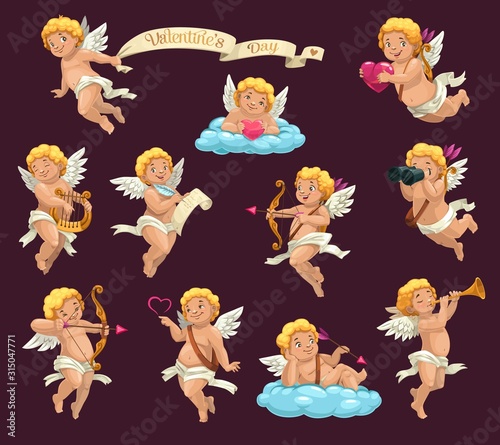 Cupid angels cartoon vector characters of Valentines Day holiday. Cartoon Amurs or cherubs flying with hearts, arrows and bows, love letter, harp and pipe, clouds, binoculars and vintage ribbon banner photo