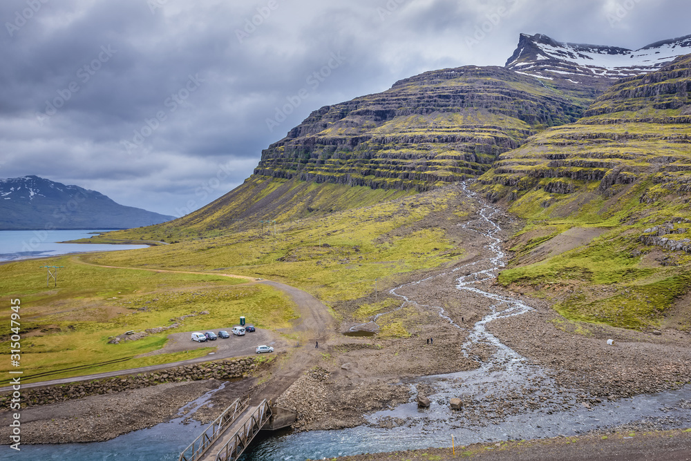 View from a road to Sveinsstekksfoss waterfall in eastern Iceland
